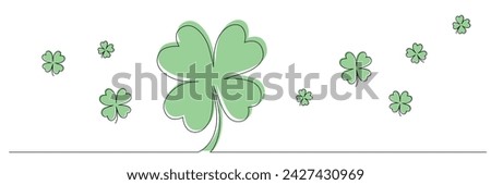 Clovers flower banner for Saint Patrick day - good lucky symbol, single line. Vector stock minimalism illustration isolated on white background for design template invitation. Editable stroke. EPS10