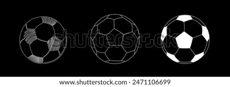 Soccer balls set icons. Vector stock illustration isolated on black background for design template football game and championship. Editable stroke line. EPS10 