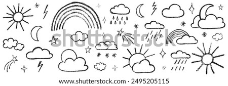 Chalk kid cloud weather symbols set. Vector stock illustration isolated on white background for design template travel blog, meteorology forecast. Kit textural crayon hand drawing symbols. EPS 10 