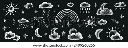 Chalk kid cloud weather symbols set. Vector stock illustration isolated on black background for design template travel blog, meteorology forecast. Kit textural crayon hand drawing symbols. EPS 10 