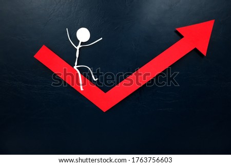 Human stick figure sliding on a red arrow pointing upward. Economy bounce back, rebound and recovery concept. Stock foto © 