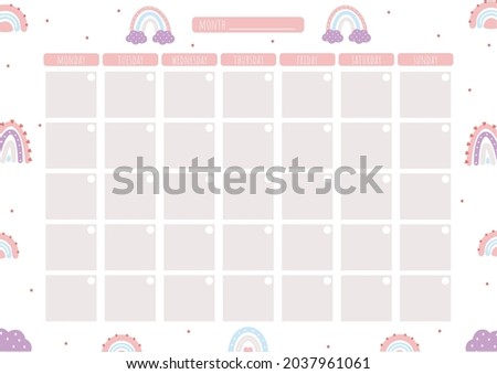 Business plan for month. Universal calendar for notes. To-do list. Schedule for each day. Sheet in A4 format