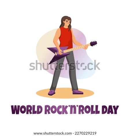 Cool man plays an electric guitar. Musician performs on stage. World Rock and Roll Day.