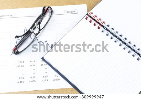 workplace with pen, notebook, glasses and financial report in concept of business and financial