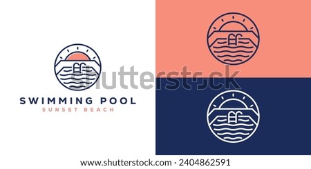 Simple Swimming Pool Logo. Pool and Sun Sunset Sunrise Beach View with Linear Style Logo Design Template.