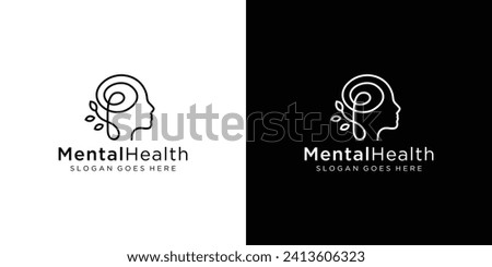 Creative Mental Health Logo. Head Human Mind with Leaf Tree Nature with Linear Outline Style. Therapy Psychology Logo Icon Symbol Vector Design Template.