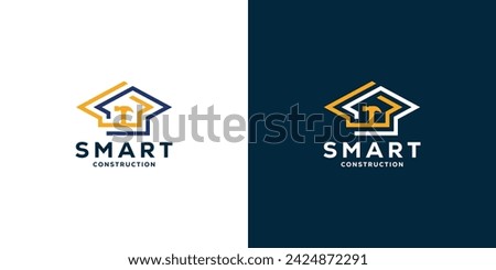 Creative Simple Smart Construction Logo. Graduation Hat and Hammer with Linear Outline Style. Home Architecture Study Logo Icon Symbol Vector Design Template.