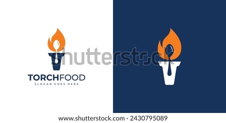 Creative Torch Food Logo. Burning Torch Fire Falme and Spoon with Minimalist Modern Style. Restaurant Logo Icon Symbol Vector Design Template.