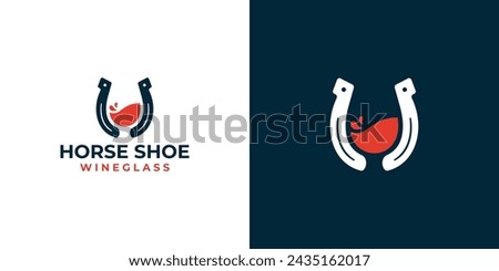 Creative Horse Shoe Wine Logo. Horse Shoe and Wine Glasses, Liquid Red Wine with Minimalist Style. Horse Logo Icon Symbol Vector Design Template.