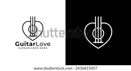 Creaitve Guitar Love Logo. Heart and Guitar Sound Hole with Linear Outline Style. Musical Logo Icon Symbol Vector Design Template.