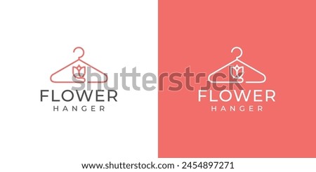 Simple Flower Hanger Logo. Hanger and Flower Rose with Linear Outline Style. Boutique Fashion Logo Icon Symbol Vector Design Inspiration.