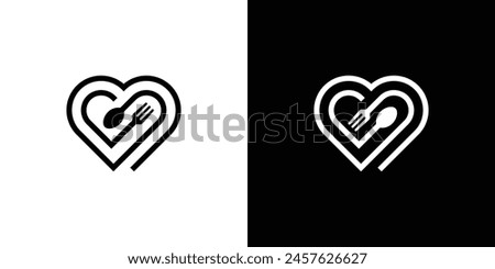 Simple Love Food Logo. Love, Spoon and Fork with Lineart Outline Style. Healthy Food Logo Icon Symbol Vector Design Inspiration.