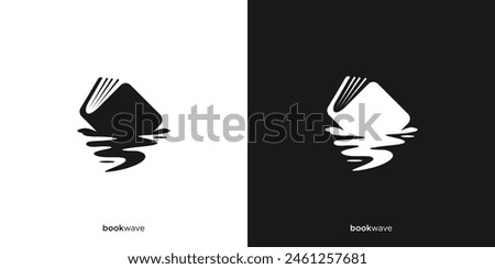 Abstract Book Logo Design. Unique Concept Logo with Book and Wave, Lake, Sunset, River, Sunrise Graphic Design.