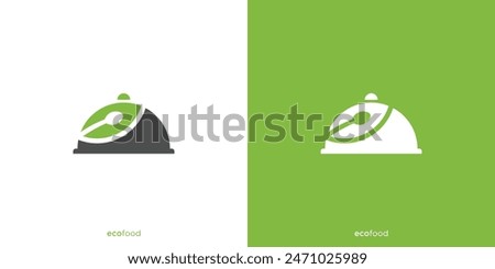 Eco Food Logo Design. Serving Lid and Green Leaves Logo, Vector, Design Template.