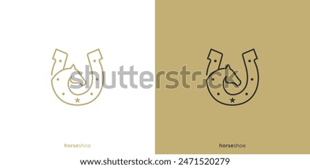 Simple Horse Shoes Logo. Horse Head in Horseshoe with Line art Outline Style Logo Design Template.