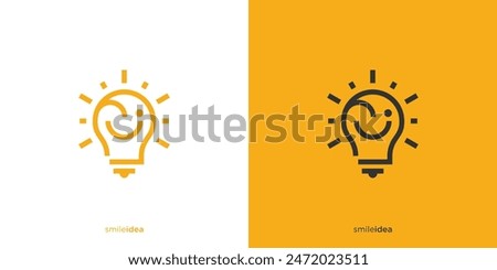 Smile Idea Logo Designs. Abstract Happy Light Bulb with Line art Outline Style. Smart Logo, Icon, Symbol, Vector, Design Template.