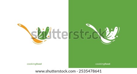 Cooking Food Logo. Cooking Soup and Green Leaf with Minimalist Style. Healthy Food Logo, Icon, Symbol, Vector, Design Inspiration.