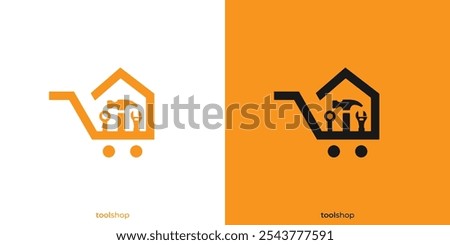 Tool Shop Logo with Shopping Cart and House Icon Graphic. Toolbox, Toolkit Hardware Logo, Icon, Symbol, Vector, Design Inspiration.