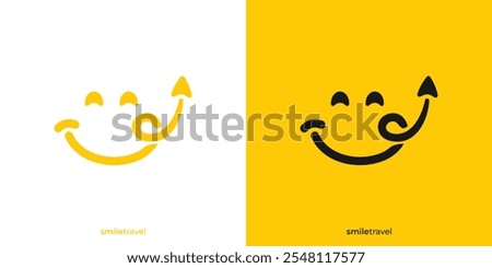 Abstract Smile Travel Logo. Smile Face and Plane or Arrow Up Icon Graphic. Happy Travel Logo Design Template.