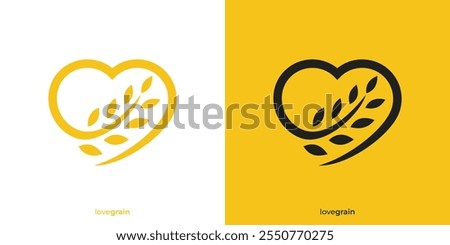 Creative Love Grain Logo. Love Shape and Wheat Grain Icon Graphic. Healthy Food Logo, Icon, Symbol, Vector, Design Template.