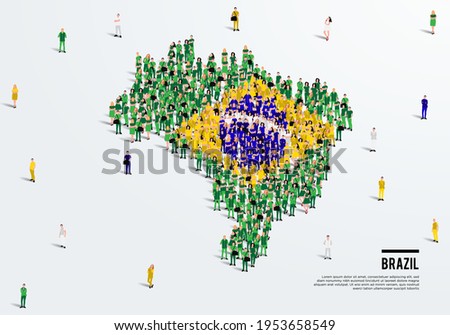 Brazil Map and Flag. A large group of people in Brazilian flag color form to create the map. Vector Illustration.