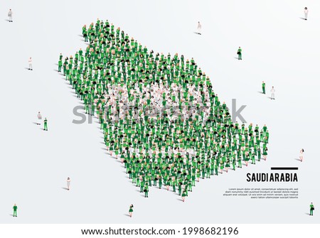 Saudi Arabia or KSA Map and Flag. A large group of people in the Saudi Arabia flag color form to create the map. Vector Illustration.