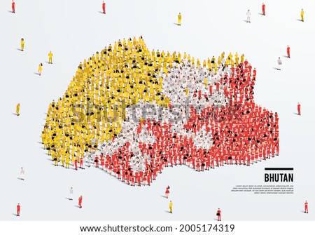 Bhutan Map and Flag. A large group of people in the Bhutan flag color form to create the map. Vector Illustration.