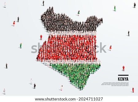 Kenya Map and Flag. A large group of people in the Kenyan flag color form to create the map. Vector Illustration.