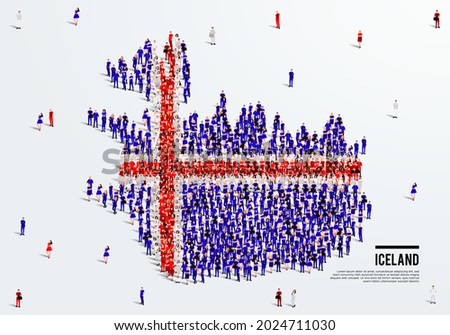 Iceland Map and Flag. A large group of people in the Iceland flag color form to create the map. Vector Illustration.