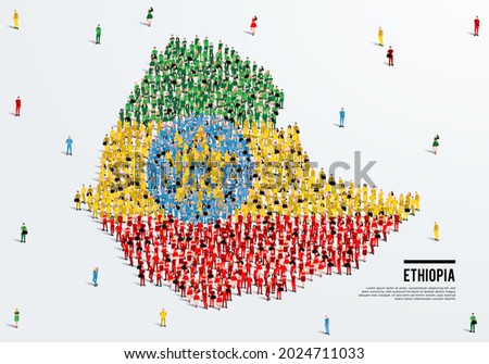 Ethiopia Map and Flag. A large group of people in the Ethiopian flag color form to create the map. Vector Illustration.