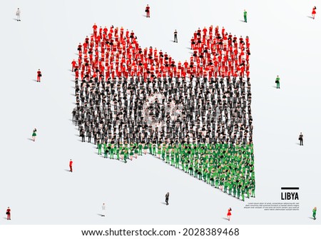 Libya Map and Flag. A large group of people in the Libya flag color form to create the map. Vector Illustration.