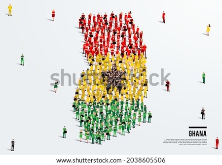 Ghana Map and Flag. A large group of people in the Ghana flag color form to create the map. Vector Illustration.