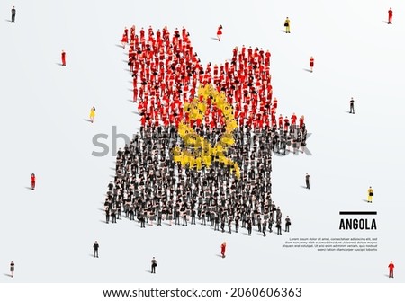 Angola Map and Flag. A large group of people in the Angola flag color form to create the map. Vector Illustration.
