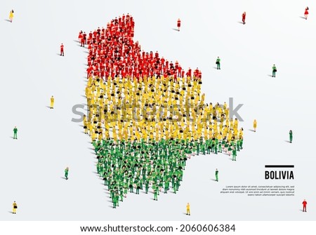 Bolivia Map and Flag. A large group of people in the Bolivia flag color form to create the map. Vector Illustration.