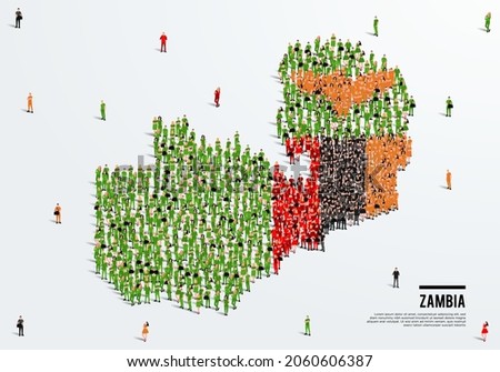 Zambia Map and Flag. A large group of people in the Zambia flag color form to create the map. Vector Illustration.