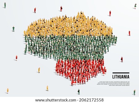 Lithuania Map and Flag. A large group of people in the Lithuania flag color form to create the map. Vector Illustration.