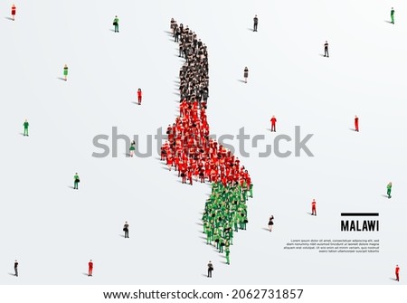 Malawi Map and Flag. A large group of people in the Malawi flag color form to create the map. Vector Illustration.