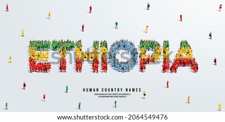 A large group of people stands, making up the word Ethiopia. Ethiopia flag made from people crowd. Vector illustration isolated on white background.