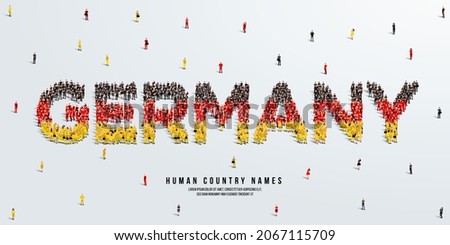 A large group of people stands, making up the word Germany. Germany flag made from people crowd. Vector illustration isolated on white background. ストックフォト © 