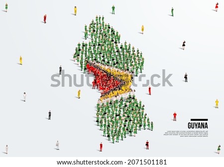 Guyana Map and Flag. A large group of people in the Guyana flag color form to create the map. Vector Illustration.