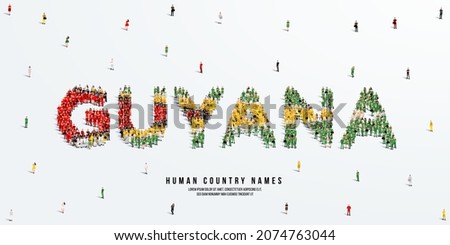 A large group of people stands, making up the word Guyana. Guyana flag made from people crowd. Vector illustration isolated on white background.