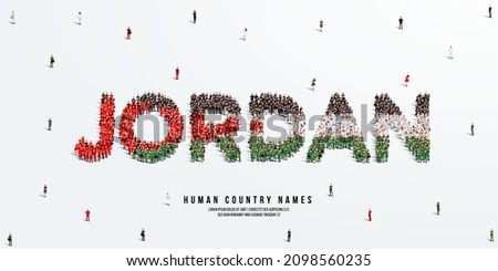 A large group of people stands, making up the word Jordan. Jordan flag made from people crowd. Vector illustration isolated on white background.