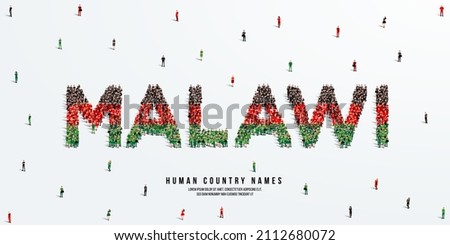 A large group of people stands, making up the word Malawi. Malawi flag made from people crowd. Vector illustration isolated on white background.