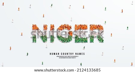 A large group of people stands, making up the word Niger. Niger flag made from people crowd. Vector illustration isolated on white background.