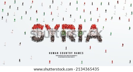 A large group of people stands, making up the word Syria. Syria flag made from people crowd. Vector illustration isolated on white background.