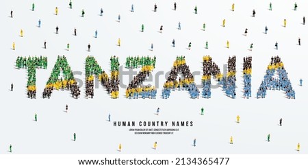 A large group of people stands, making up the word Tanzania. Tanzania flag made from people crowd. Vector illustration isolated on white background.