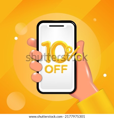 10 or ten percent off design. Hand holding a mobile phone with an offer message. Special discount promotion, sale poster template. Vector illustration