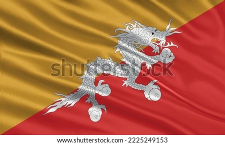 Bhutan flag design. Waving Bhutan flag made of satin or silk fabric. Vector Illustration.