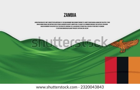 Zambia flag design. Waving Zambia flag made of satin or silk fabric. Vector Illustration.