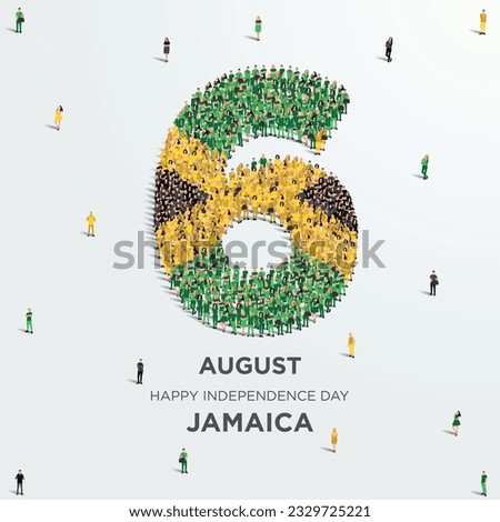 Happy Independence Day Jamaica. A large group of people form to create the number 6 as Jamaica celebrates its Independence Day on the 6th of August. Vector illustration.